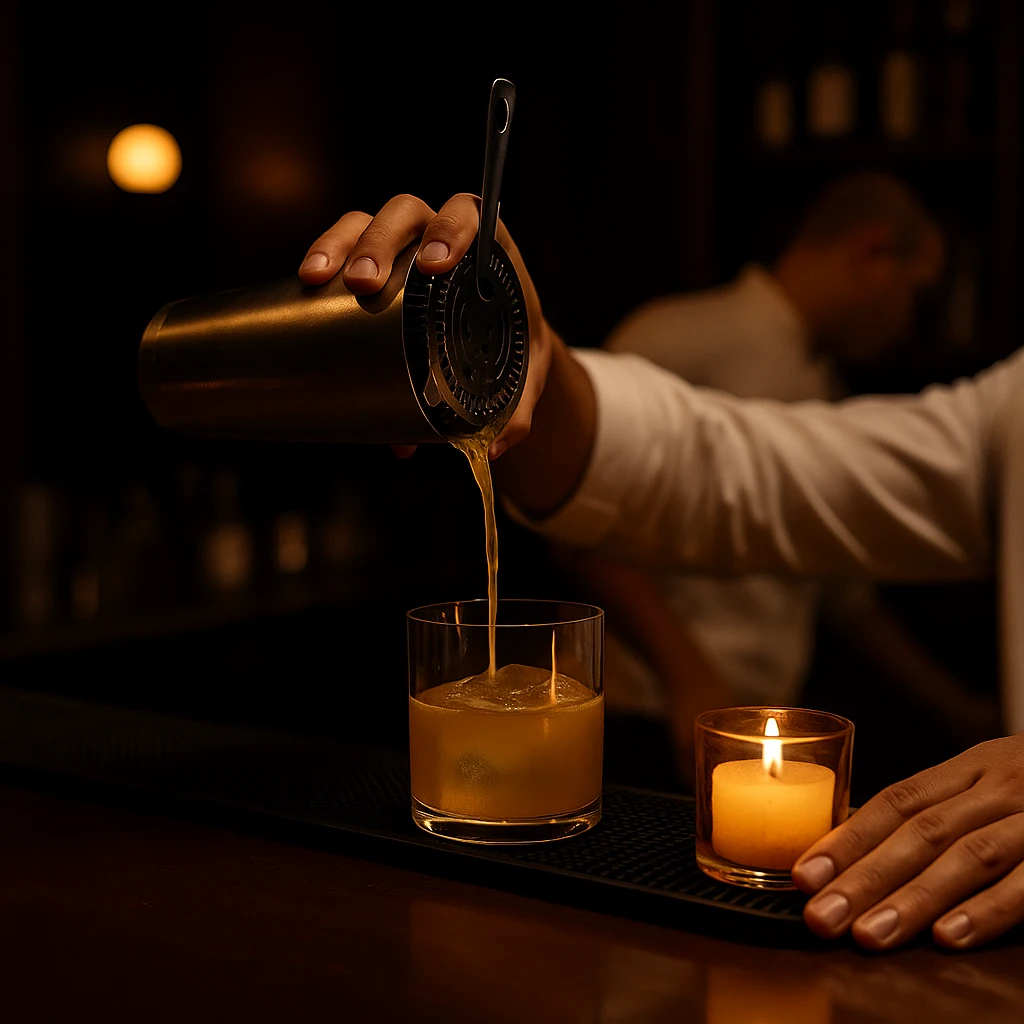 A bartender pouring a craft cocktail at The Naisho Room